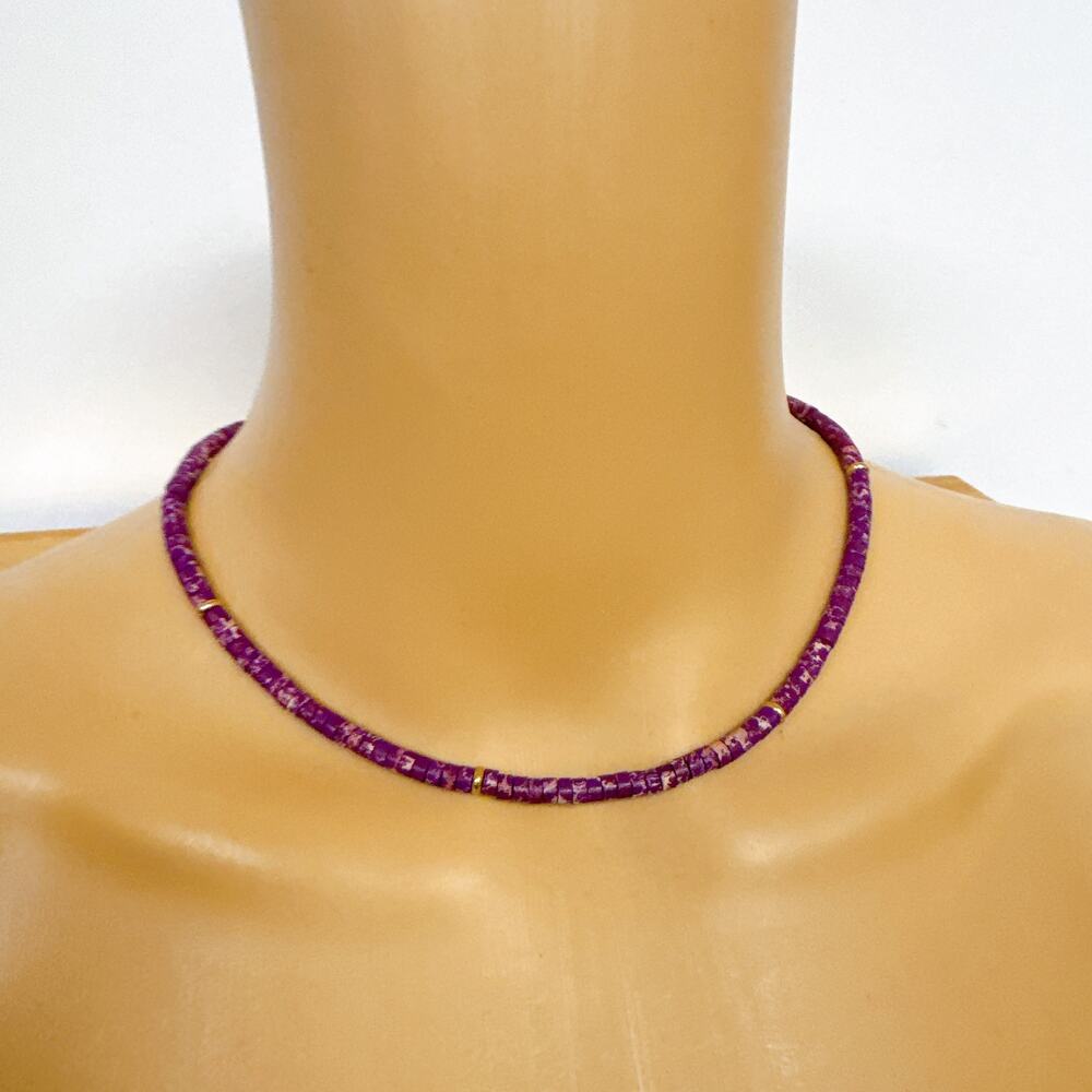 Purple Natural Stone Beaded Choker Necklace with Gold Accents, Boho Style